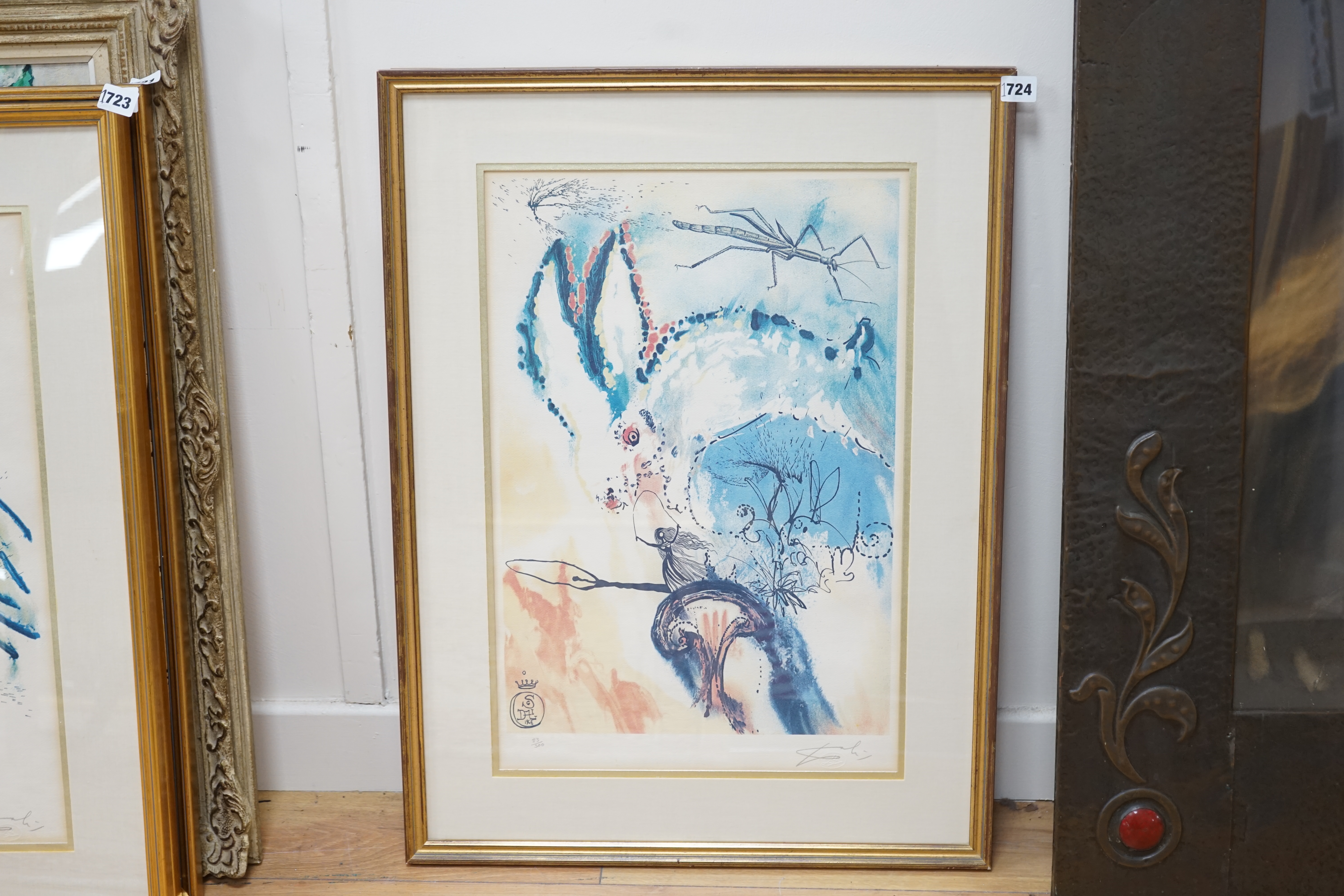 Salvador Dali (Spanish 1904-1989), colour lithograph, Alice in Wonderland, ‘Down the Rabbit Hole’, pencil numbered 83/300, facsimile signature, certificate of authenticity verso 56 x 37cm. Condition - fair